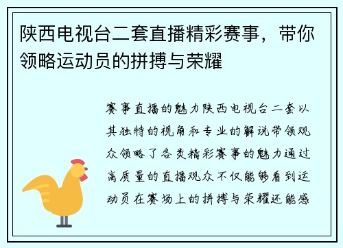 陕西电视台二套直播精彩赛事，带你领略运动员的拼搏与荣耀